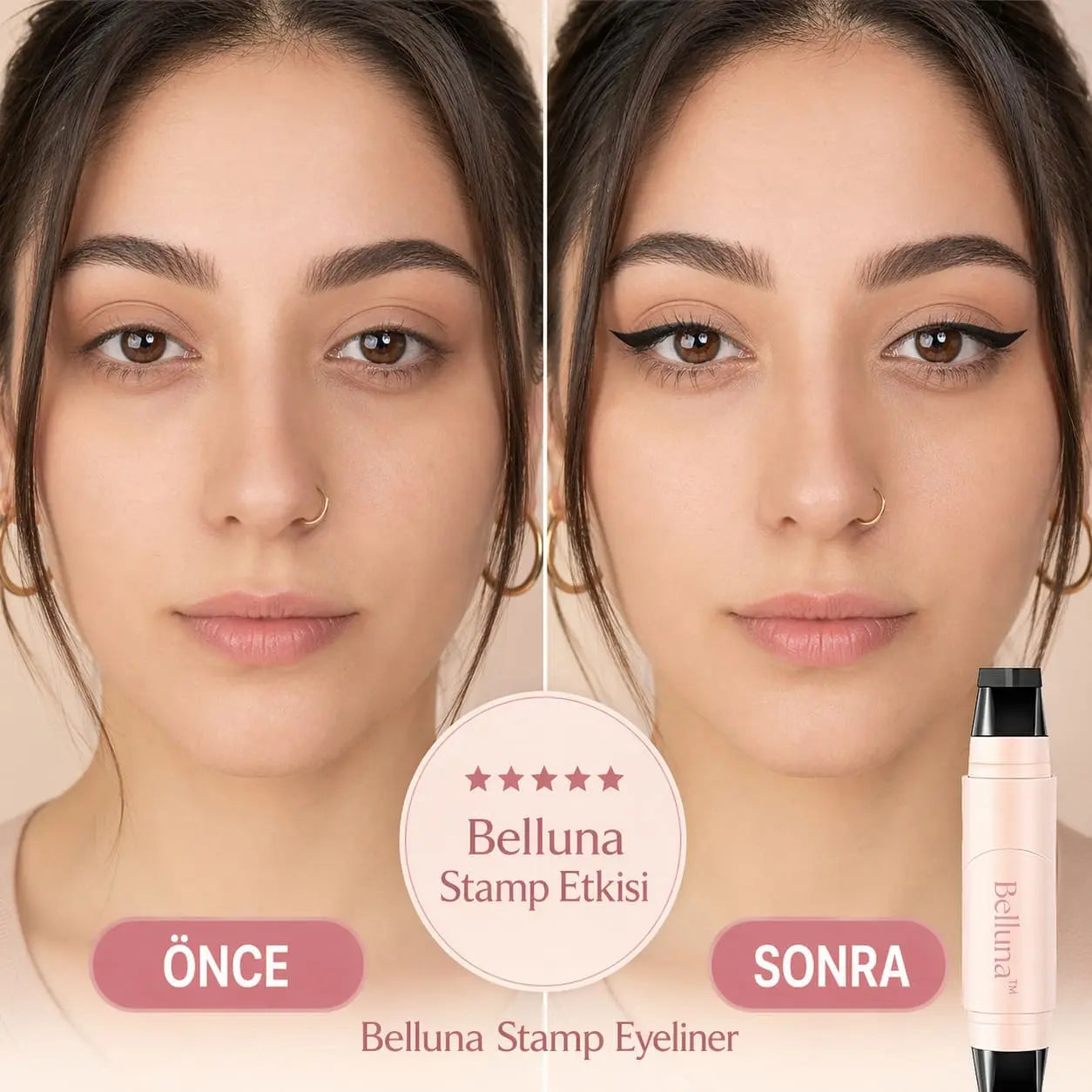 Belluna Eyeliner Stamp – Model üzerinde kanat göz kalemi görünümü